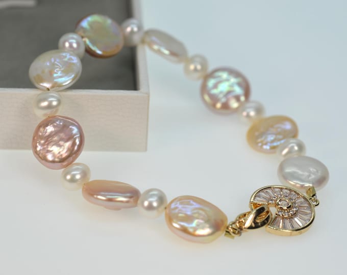 Multicolor Baroque Coin Pearl Bracelet – Freshwater Pearl Bracelet with Gold-Tone Crystal Clasp, 7.75"