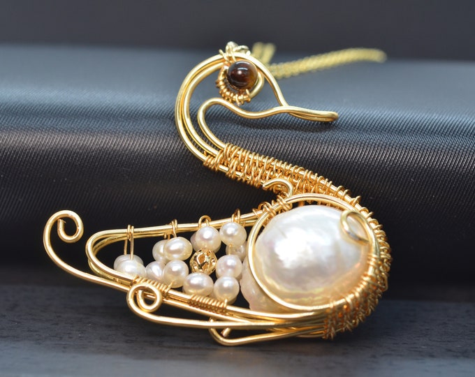 14k Gold Filled Wire Wrapped Large Baroque Pearl Pendant Necklace for Women, Artisan Swan Pendant, Hypoallergenic