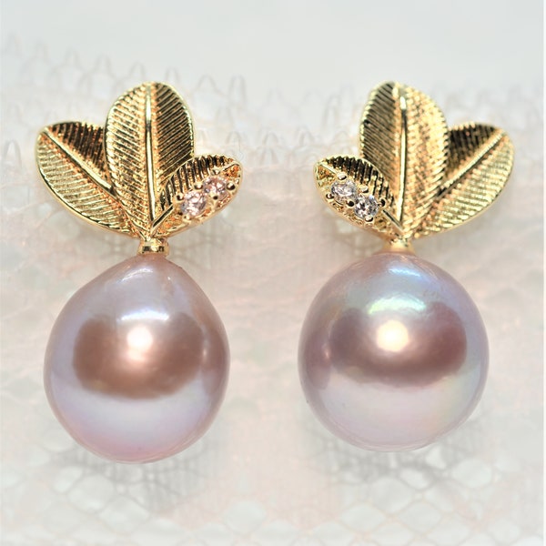 12-13 mm Large Edison Pearl Earrings for Women, Lavender Pearl Earrings, Metallic Pearl Jewelry, 14K Gold Filled Leaf Earrings