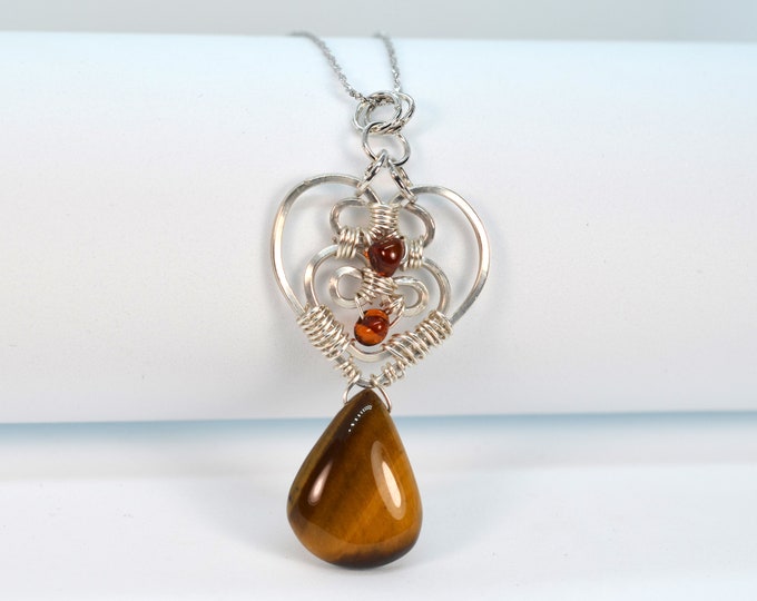 Hand Wrapped Tiger Eye Heart Pendant Necklace: Sterling Silver, Hypoallergenic