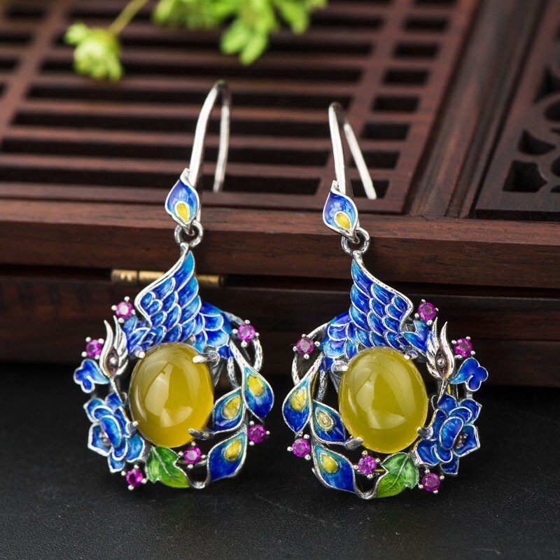 Women Vintage S925Silver Jade Enamel Flower Earrings