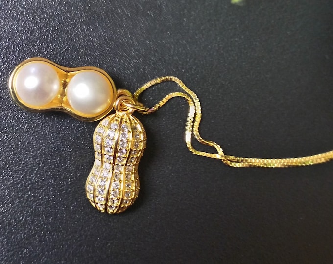 Gorgeous Peanut with Freshwater Pearl Pendant Necklace for Women, Fine Gold Vermeil Jewelry, 925 Sterling Silver Bridal Jewelry