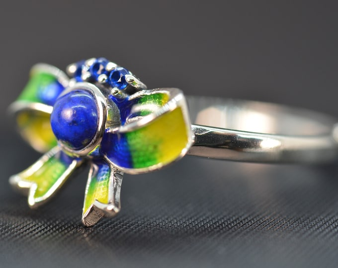 Enamel Sterling Silver Ring for Women, Natural Lapis Lazuli Ring, Cloisonne Adjustable Ring for Girls