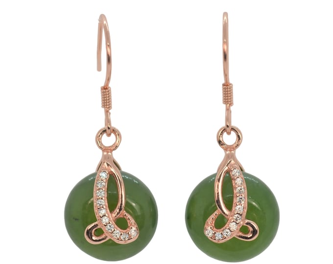 Nephrite Jade Drop Earrings for Women, Rose Gold Vermeil, Sterling Silver