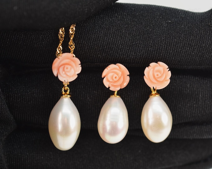 Natural Color Angel Skin Coral and Freshwater Pearl Necklace and Earrings Set for Women, Fine Gold Vermeil Jewelry, Wedding Jewelry