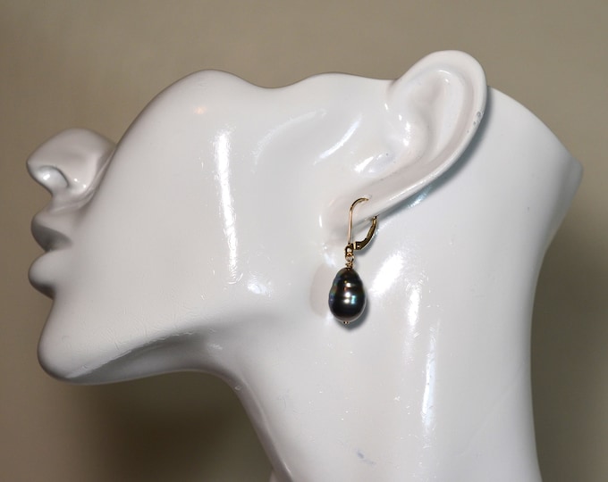 Genuine Natural Color Tahitian Black Pearl Earrings for Women, Solid 14K Gold Earrings, Lever Back Earrings, Fine Jewelry, Hypoallergenic,