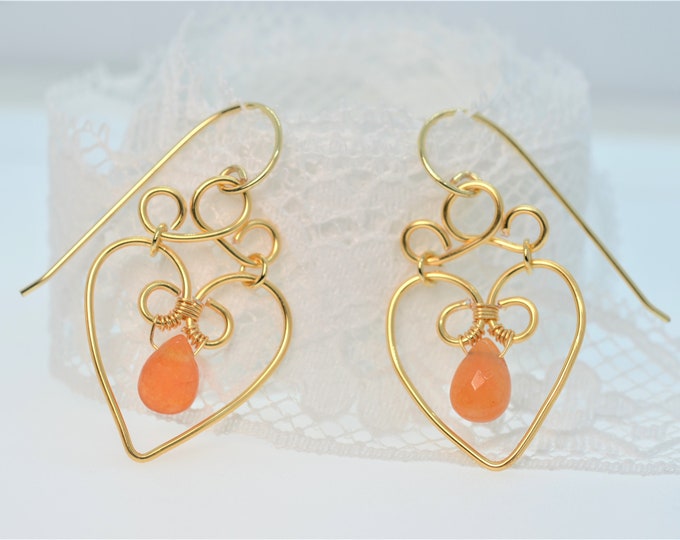 14K Gold Filled Handmade Heart Earrings for Women, Natural Aventurine Earrings, Gift for Her, Hypoallergenic,