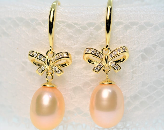Gold Drop Earrings for Women, Freshwater Golden Pink Pearl Earrings, Gold Vermeil Earrings, Hypoallergenic