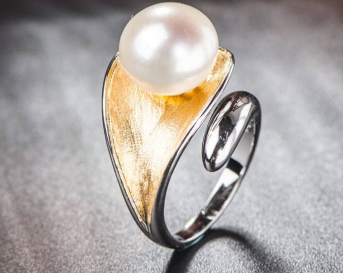 12mm Freshwater Pearl Ring: Artisan 18K Gold & Sterling Silver Adjustable Leaf Ring