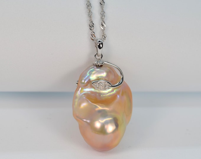 Large Metallic Baroque Freshwater Pearl Necklace for Women, Fine Solid Silver Jewelry, 18 Inch Chain Necklace, Hypoallergenic