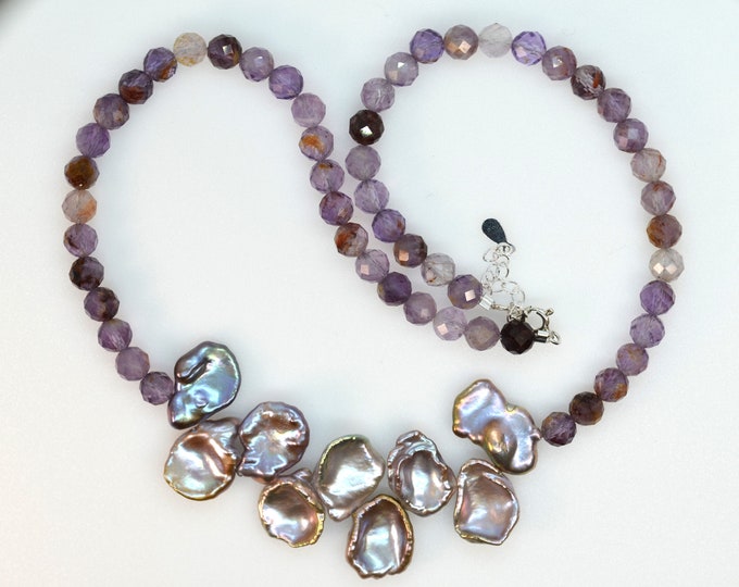 Freshwater Pearl Necklace for Women, Natural Phantom Amethyst Necklace, Natural Keshi Pearl Necklace