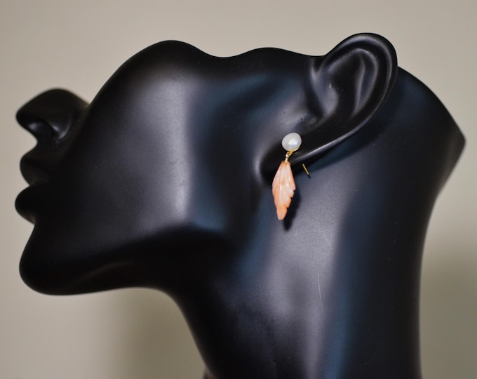 Genuine Angel Skin Coral Earrings for Women, Freshwater Pearl Earrings, Fine Gold Vermeil Jewelry, Hypoallergenic