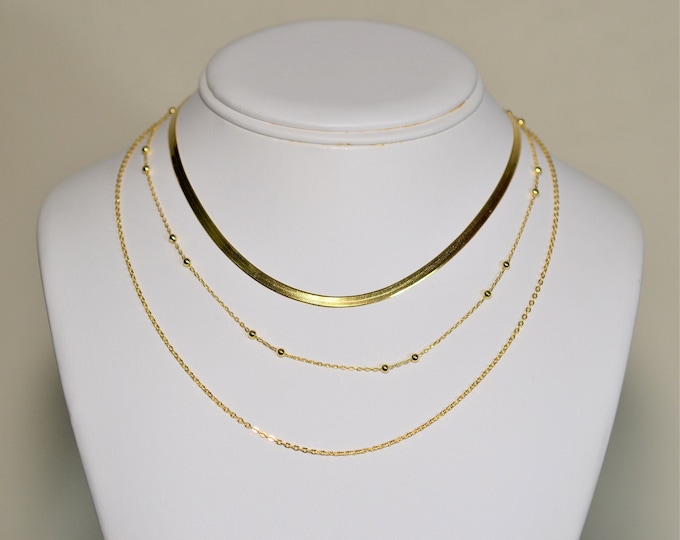Gold Layering Necklaces, Gold Vermeil Herringbone Necklace, Three Strand Solid Sterling Silver Chain Necklace, Adjustable