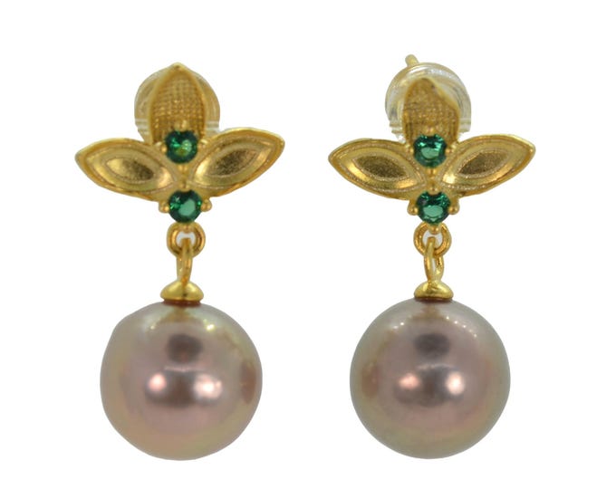 Metallic Mauve Pearl Flower Earrings for Women: Gold Vermeil Sterling Silver