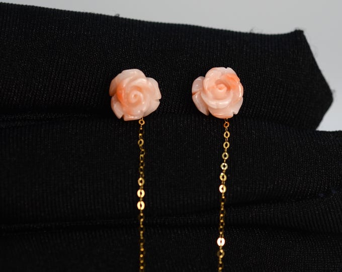 Solid 18K Yellow Gold Coral Rose Threader Earrings, Genuine Natural Color Deep Sea Coral, Hand-Carved Floral Fine Jewelry