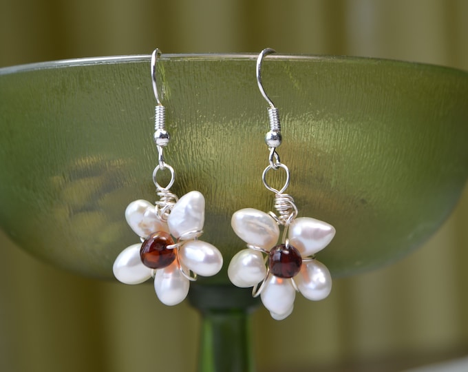 Baroque Freshwater Pearl Earrings for Women, Sterling Silver Earrings, Keshi Pearl Earrings Flower Earrings, Baltic Amber Earrings