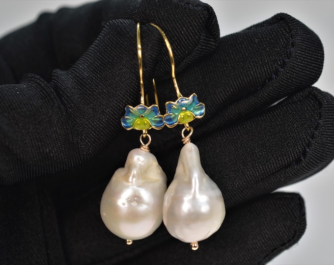 Large Baroque Freshwater Pearl Earrings for Women, Enamel Flower, 925 Sterling Silver