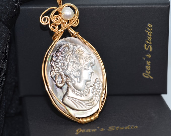 Natural Color Tahitian Mother of Pearl Cameo Necklace for Women, 14K Gold Filled Wire Wrapped Pendant, 18 Inch Chain Adjustable