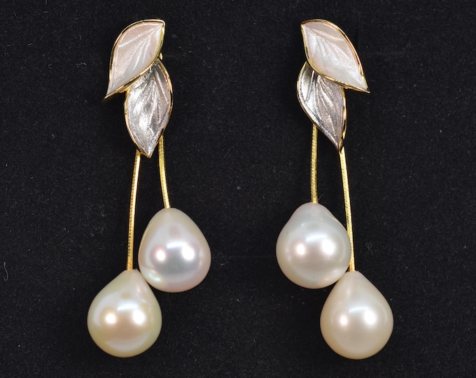 Double Freshwater Pearl Two‑Way Leaf Tassel Earrings (Fine Gold Vermeil)