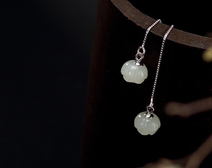 925 Solid Sterling Silver Threader Earrings for Women, Natural White Jade Flower Earrings, Hypoallergenic