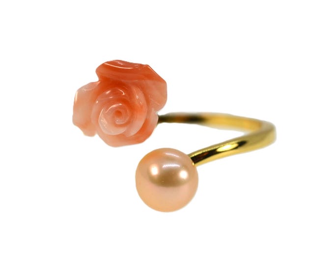 Coral Rose Ring, Freshwater Pearl, Gold Vermeil, Adjustable