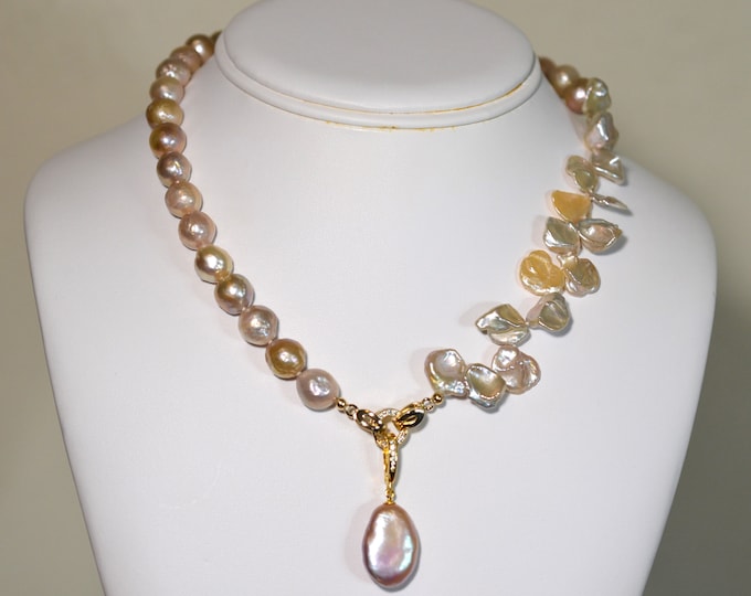 Freshwater Keshi Pearl Necklace for Women, Natural Metallic Freshwater Baroque Pearls, Versatile Bridal Necklace Set