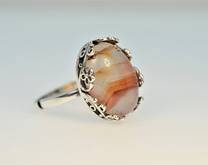 925 Sterling Silver Ring for Women, Natural Scenic Agate Ring, Adjustable Flower Ring, Handmade Jewelry, Hypoallergenic
