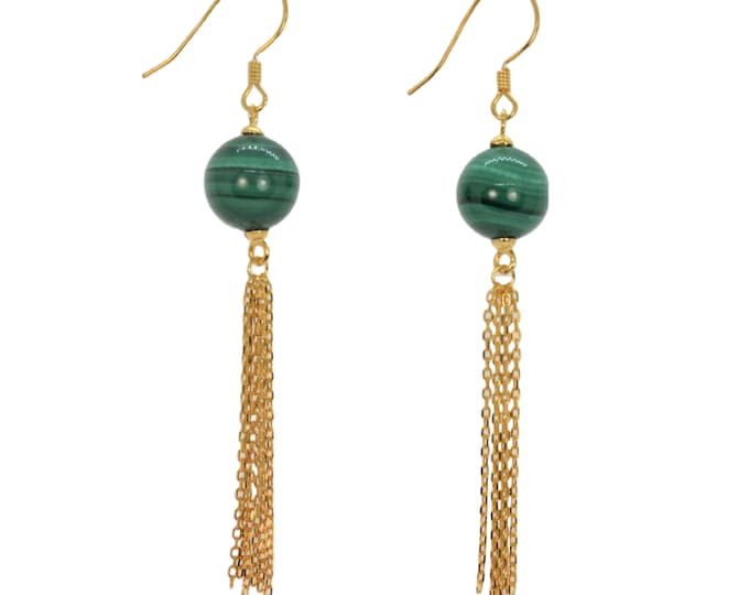 Fine Gold Vermeil Natural Color Malachite Earrings for Women, Long Tassel Dangle Earrings, Hypoallergenic
