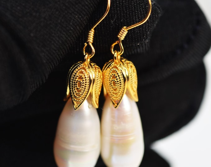 Baroque Pearl Earrings for Women: Gold Vermeil Flower, Freshwater Pearl Bridal Jewelry