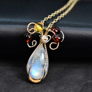 14K Gold Filled Wire Wrapped Rainbow Moonstone Pendant Necklace for Women, 925 Sterling Silver Chain Adjustable, Hypoallergenic