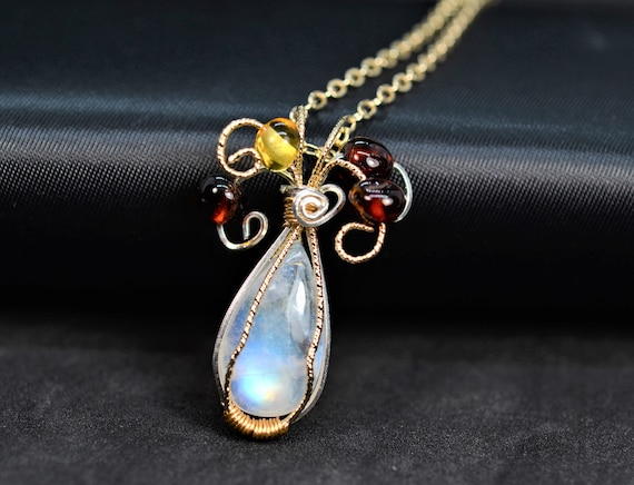 Rainbow Moonstone Necklace with Cubic Zirconia Adjustable Length 14k Gold-plated Silver Rainbow Moonstone Necklace with Cubic Zirconia Adjustable Length 14k Gold-plated Silver