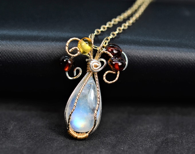 14K Gold Filled Wire Wrapped Rainbow Moonstone Pendant Necklace for Women, 925 Sterling Silver Chain Adjustable, Hypoallergenic