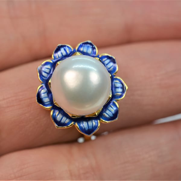 12mm Freshwater Pearl Ring, Gold Vermeil Flower, Cloisonne Enamel, Adjustable