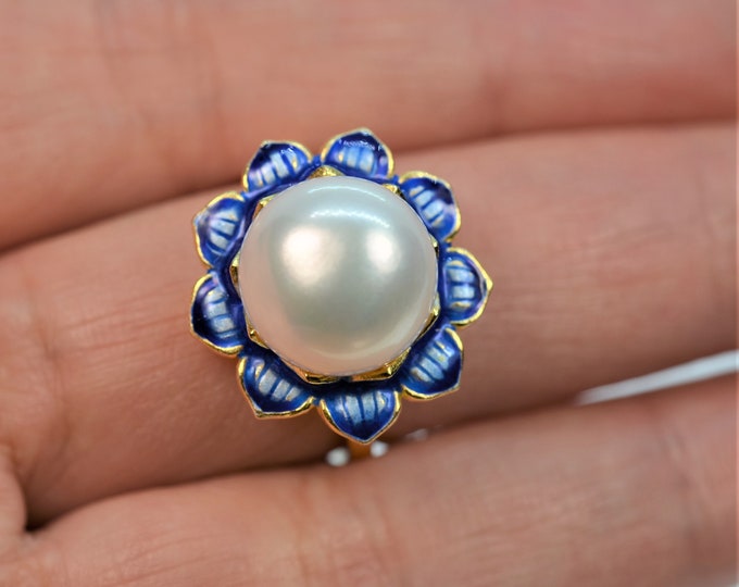 12mm Freshwater Pearl Ring for Women, Cloisonne Enamel Jewelry, Fine Gold Vermeil Ring, Flower Adjustable Ring