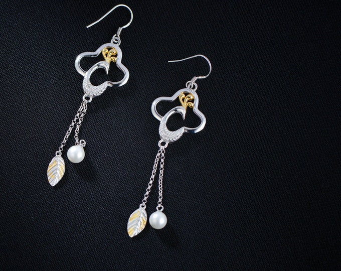Dangle Bird Earrings for Women, 925 Sterling Silver Earrings, Freshwater Pearl Earrings, Artisan Peacock Earrings, Hypoallergenic