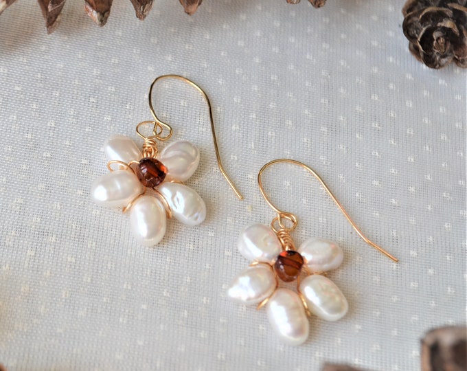 Amber and Freshwater Pearl Earrings for Women, 14K Gold Filled Wire Wrapped Keshi Pearl Earrings, Flower Earrings,, Hypoallergenic