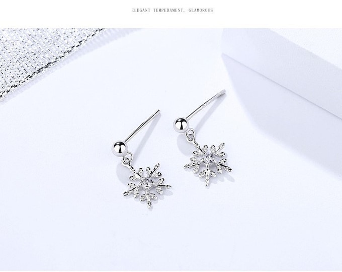 Snowflake Earrings for Women, 925 Sterling Silver Earrings for Girls, Hypoallergenic, Christmas Gift, Holiday Gifts