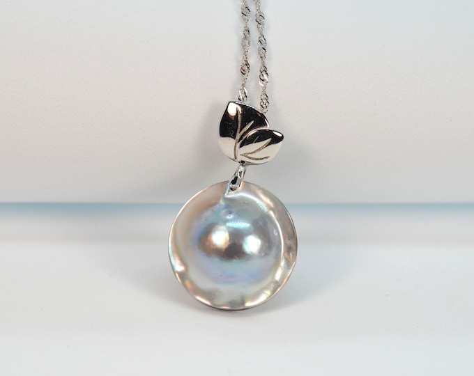 Natural Color Tahitian Mabe Pearl Necklace for Women, Fine Solid Silver Jewelry, 18 Inch Chain Necklace, Hypoallergenic