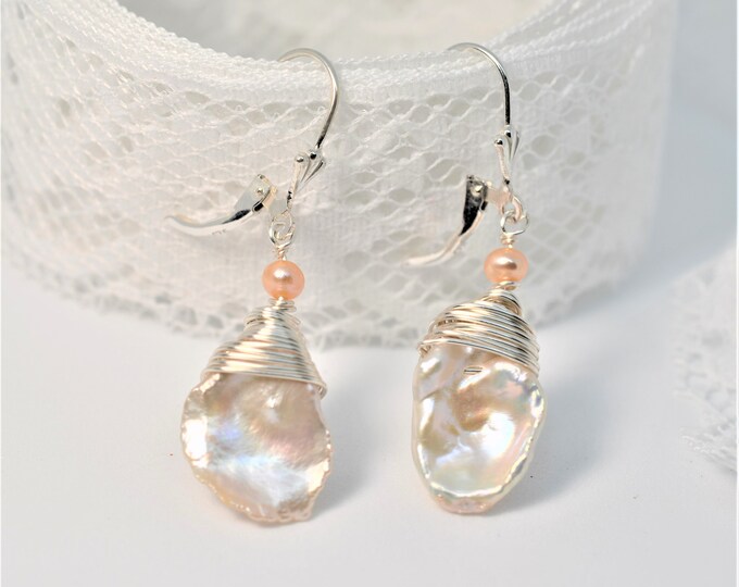Wire Wrapped Baroque Pearl Earrings, Freshwater Keshi Pearl Earrings, 925 Sterling Silver Lever-back Earrings, Hypoallergenic