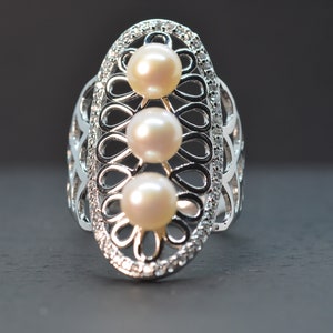 Freshwater Pearl Ring for Women, 925 Sterling Silver Jewelry, Filigree Ring, Adjustable Ring, Hypoallergenic
