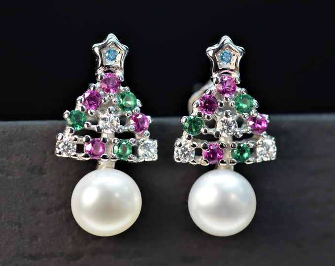 Christmas Tree Stud Earrings for Women, Freshwater Pearl Earrings for Girls, 925 Sterling Silver Earrings, Hypoallergenic, Holiday Gift