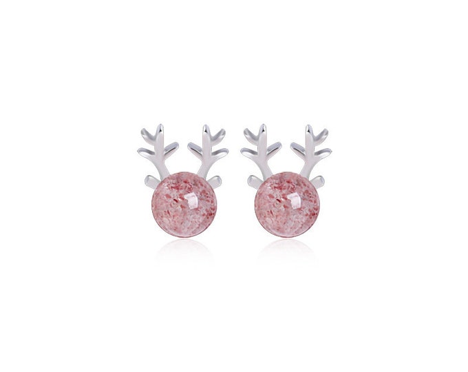 925 Sterling Silver Stud Earrings for Women, Strawberry Quartz Earrings, Reindeer Stud Earrings for Girls, Christmas Gift
