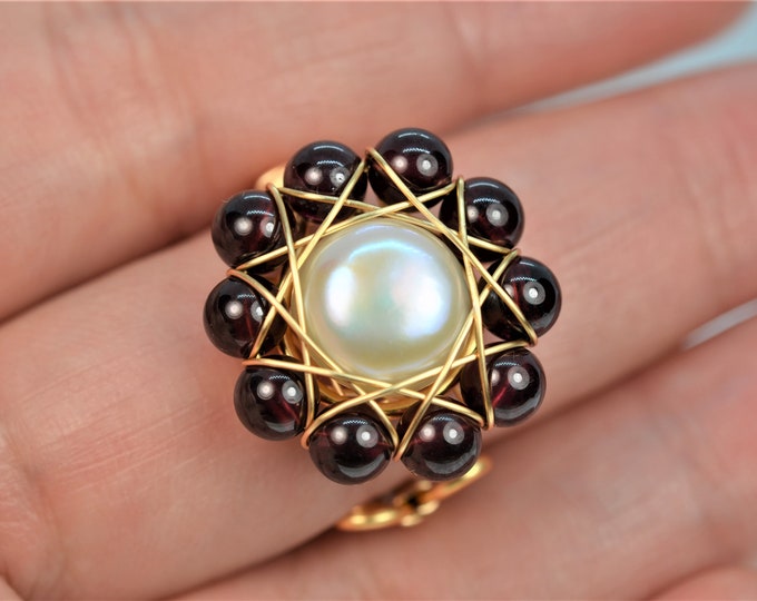 Freshwater Pearl Ring for Women, 14k Gold Filled Wire Wrapped Garnet Ring for Girls, Adjustable Ring, Flower Ring