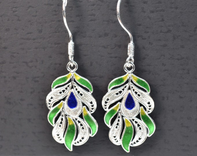 Fine .999 Sterling Silver Filigree Earrings for Women, Artisan Feather Earrings, Cloisonne Enamel Jewelry