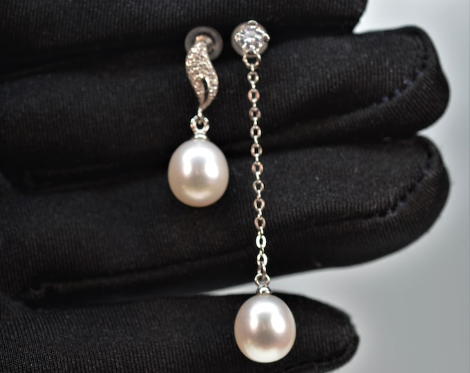 Asymmetrical Earrings for Women, Freshwater Pearl Earrings, Solid Sterling Silver Jewelry, Bridal Earrings