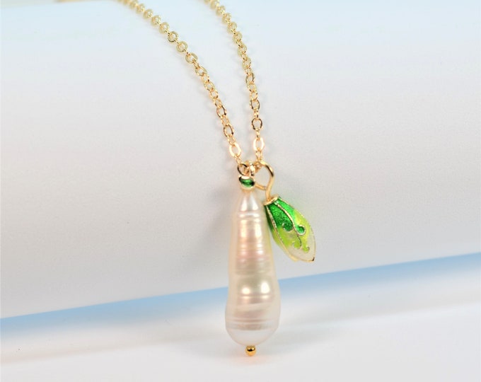 Natural Elongate Pearl Pendant Necklace for Women, Designer Necklace, Enamel Gold Vermeil, 14K Gold Filled Jewelry, Hypoallergenic