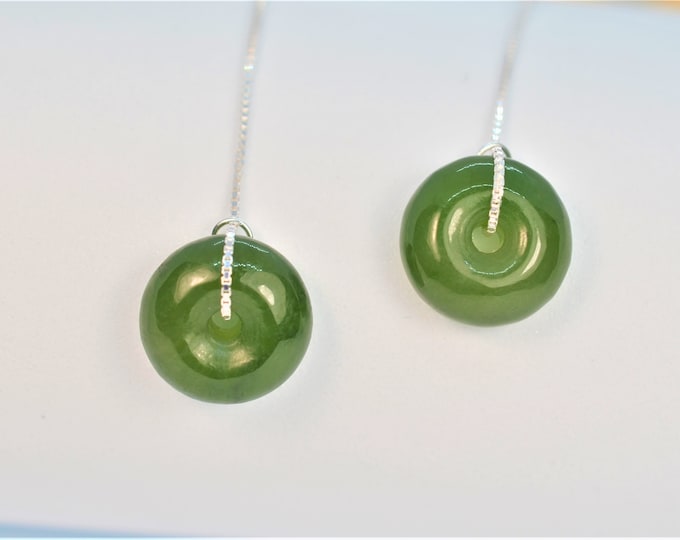 Natural Color Nephrite Jade Threader Earrings for Women, 925 Sterling Silver Earrings, Long Drop Dangle Earrings, Hypoallergenic
