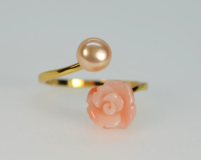 Natural Color Japanese Coral Carved Rose Ring for Women, Freshwater Pearl Ring, Gold Vermeil Jewelry, Adjustable Ring, Hypoallergenic