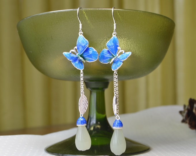 Sterling Silver Butterfly Earrings for Women, Natural Nephrite Jade Earrings, Enamel Jewelry, Leaf and Flower Earrings