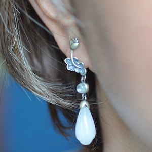 Carved Natural Nephrite Jade Earrings for Women, Orchid Flower Earrings, 925 Sterling Silver Earrings, Hypoallergenic